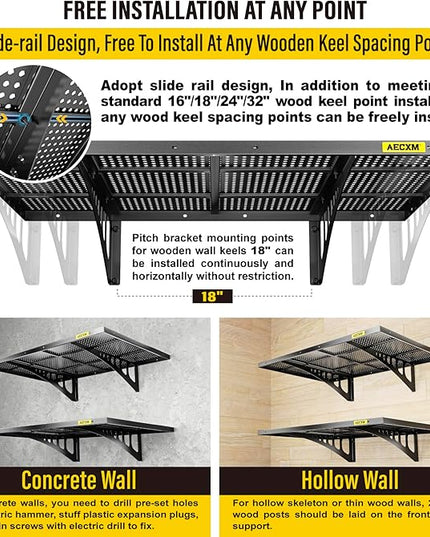 2-Pack 2x3ft Adjustable Garage Wall Shelving 560lbs Load Capacity Heavy Duty Wall Mounted Storage Shelf Metal Floating Shelves for Garage(Black)