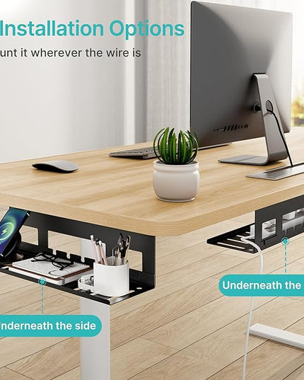 Under Desk Cable Management Tray, 15.7 Inches Metal Cord Organizer Rack, Desk Tray for Power Strip, Cord, Wire, Easy Mounting Cable Management Under Table for Home Office, Black