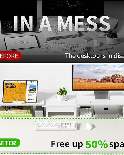 Dual Monitor Stand Riser - Computer Monitor Stand for 2 Monitors，Office Desktop Organizer，Adjustable Length and Angle 3 Shelf with Storage Drawer Phone Holder for Monitors and Laptops-White