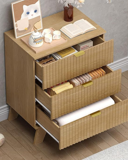 BORNOON Fluted 3 Drawer Dresser, 30.3" Tall Compact Modern Boho Chest of Drawers, Wooden Storage Cabinet for Bedroom, Living Room, Entryway, Curved Profile Design