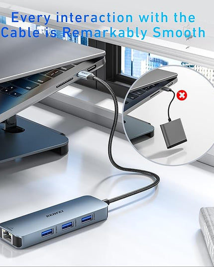 BENFEI USB C HUB 6-in-1 with HDMI(4K@60Hz), Gigabit Ethernet, 100W Power Delivery, 3*USB 3.0, Silicone Cable, Aluminum Case Compatible with iPhone 15 Pro/Max, MacBook, iPad Pro, iMac, S23, XPS17