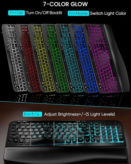 SABLUTE Wireless Keyboard and Mouse Combo - Ergonomic Wave Keyboard with Soft Leather Wrist Rest, Phone Holder, Rechargeable, RGB Backlit Mouse, Full-Size Set for Windows/Mac/Computer (Black)