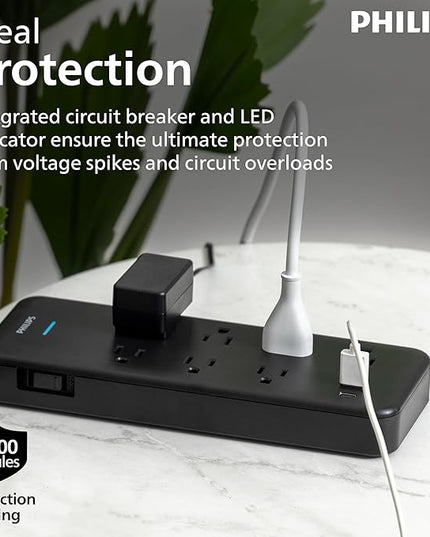 Philips 7-Outlet Surge Protector Power Strip with USB, 1 USB-A, 1 USB-C, 6 Ft Braided Extension Cord, Mutli Plug Outlet Extender, Adapter-Spaced, Charging Station, 15W, 1500 Joules, Black, SPP3703B/37