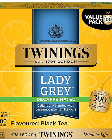 Twinings Decaffeinated Lady Grey Black Tea Individually Wrapped Bags, 100 Count (Pack of 1), Orange Peel & Lemon Peel, Fresh and Uplifting, Caffeinated, Enjoy Hot or Iced, 100 Teabags