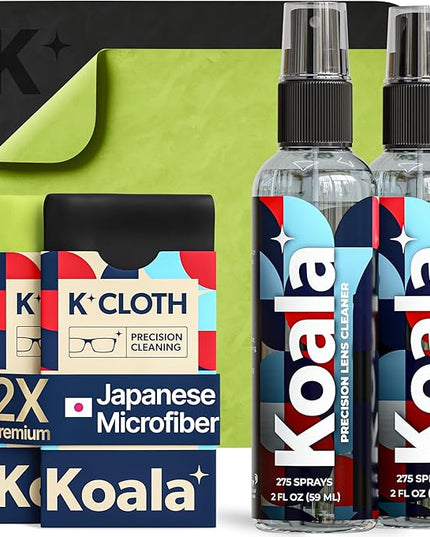 Koala Eyeglass Lens Cleaner Spray Kit | (2x) Glasses Cleaner Bottle + (2x) Microfiber Cloth | Alcohol Free Eyeglasses, Screen, and Camera Cleaning Kit | Made in USA (4 Piece Set)