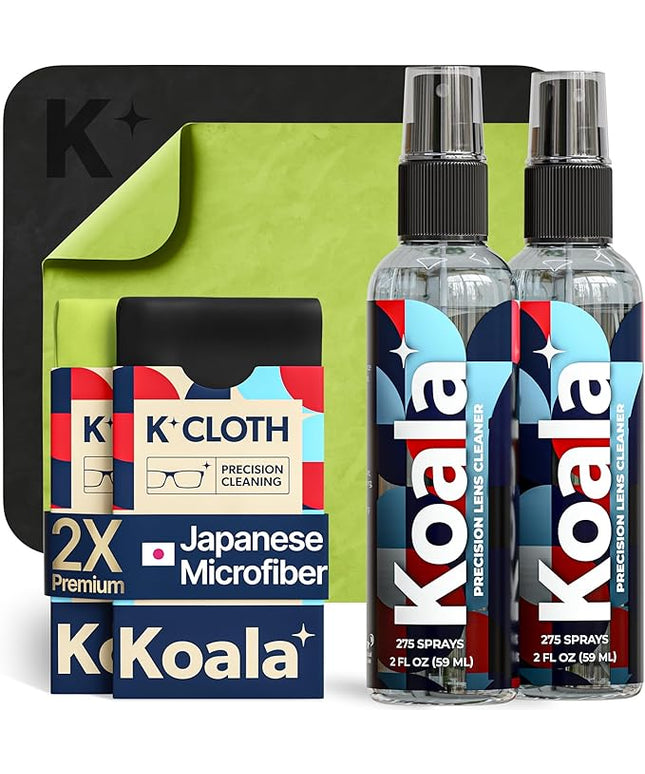 Koala Eyeglass Lens Cleaner Spray Kit | (2x) Glasses Cleaner Bottle + (2x) Microfiber Cloth | Alcohol Free Eyeglasses, Screen, and Camera Cleaning Kit | Made in USA (4 Piece Set)