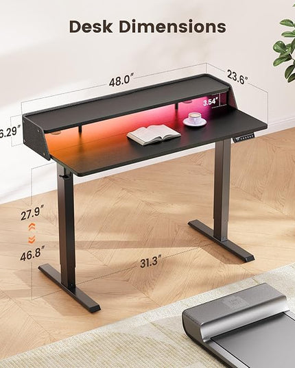 ErGear Standing Desk with LED Strip, 48″ x24″ Electric Height Adjustable RGB Gaming Desk with Shelf, Sit Stand Desk with Dual Cable Holes, C-Clamp Mount Compatible, 4 Preset Heights, Black