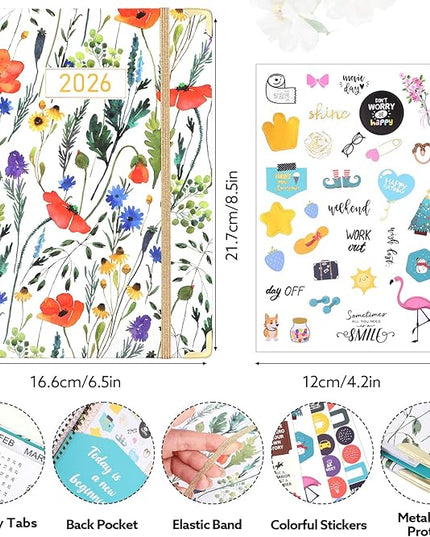 2026 Planner, Weekly and Monthly Planner, January 2026 - December 2026, Calendar Planner A5 (6.5" x 8.5") with Tabs, Inner Pocket for Home School Office Supplies, Red Flower