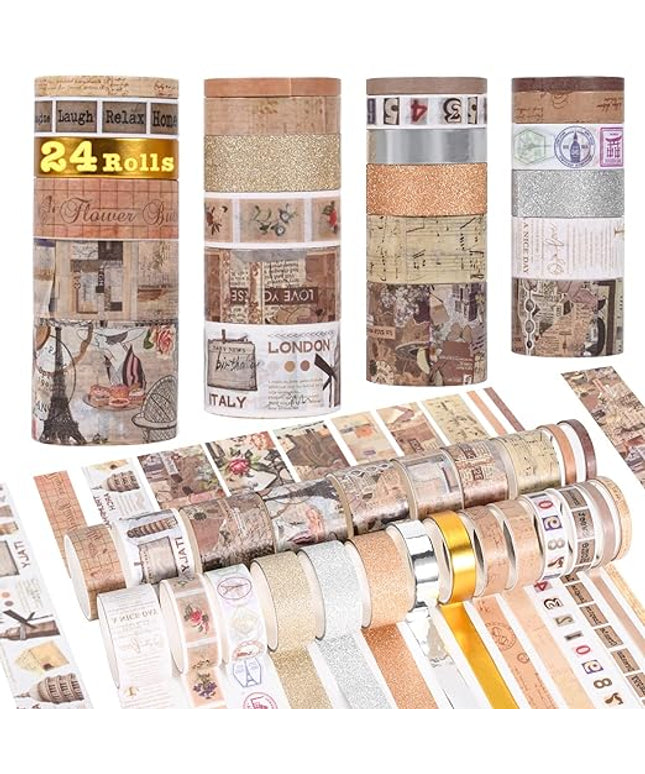 FTTELK 24 Rolls Vintage Washi Tape Set,Glitter Floral Decorative Adhesive Tape for Scrapbooking Supplies,Junk Journal,DIY Crafts,Planners and Gift Wrapping(Retro Medieval Series)