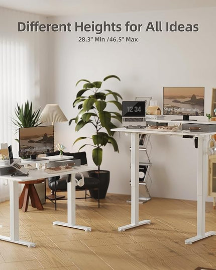 Seang Electric Standing Desk with 2 Drawers, Adjustable Standing Desk with Storage Shelf, Height Adjustable Stand up Desk for Home Office with 3 Presets & 2 Hooks, 48 Inch, White