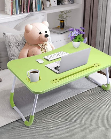 Slendor Lap Desk with Cup Holder, Foldable Laptop Table for Bed, Portable Bed Desk for Laptop and Writing, Computer Tray with Tablet Slot, Notebook Stand Reading Holder for Couch Sofa Floor,Green