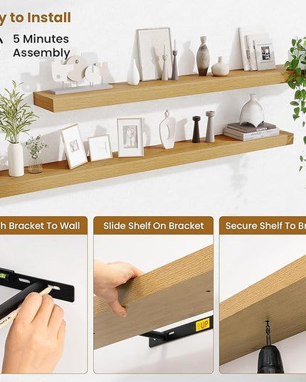 Fun Memories 55 Inch Floating Shelves Bedroom, Large Extra Floating Shelf Set of 2 with Invisible Brackets, Oak
