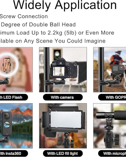 Taisioner Super Camera Clamp Mount Double Socket Arm 1/4"-20 Ball Head Adapter Gopro Accessories Suitable for GoPro AKASO DJI Action Insta360 or DSLR Digital Camera Monitor/LED Lights/