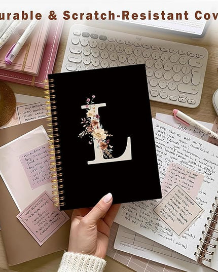 Lacama Cute Initial Letter L School Notebook Journal, Aesthetic Wildflower Personalized Black Spiral Notebook, School Supplies, Customized Monogrammed Gifts, Birthday Gifts for Women, Office Supplies