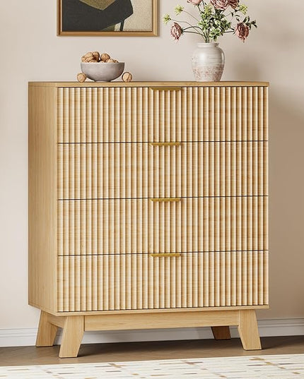BORNOON 39" Tall Dresser for Bedroom, 4-Drawer Fluted Chest of Drawers, Modern Wood Highboy with Deep Storage, Metal Slides & Handles, Anti-Tip Kit, Vertical Clothes Organizer for Apartment, Nursery