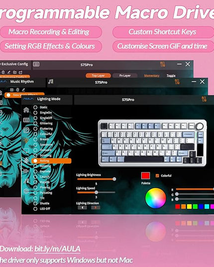 AULA S75 PRO Wireless Mechanical Keyboard with Screen&Knob, Tri-Mode Hot Swappable Gaming Keyboard 75%, Pre-lubed Switches, RGB Backlit, Side Printed PBT Keycaps, Creamy Sounding Pink Keyboards