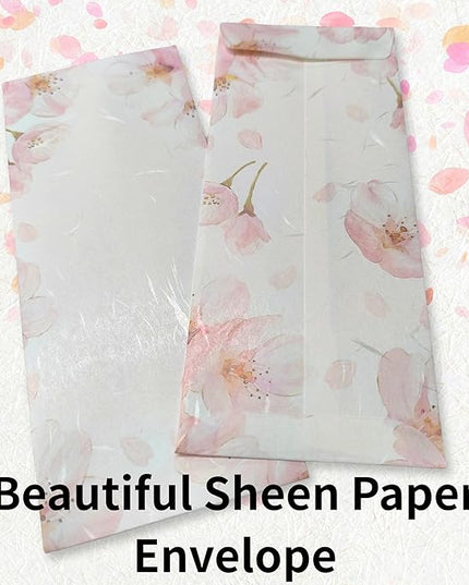 Japanese Cherry Blossom Envelopes 8 Pack, Made in Japan, (Light Pink), Elegant Washi Paper, Self Sealing, Sakura