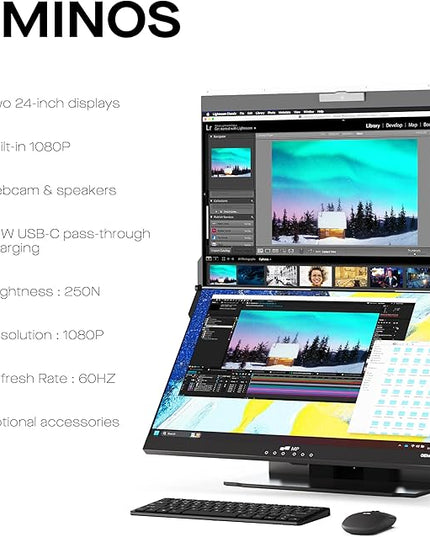 Mobile Pixels Geminos, Dual 24" IPS Stacked Computer Monitors with 65W USB-C Charging, with Adjustable Viewing Angle and 1080p Webcam and 3W Speakers, Multiport Docking Station (Desktop Monitor)