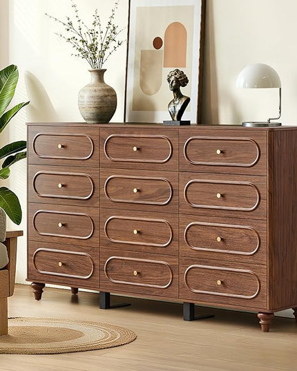 12 Drawer Fluted Dresser for Bedroom, Mid Century Modern Chest of Drawers, Wood Storage Small Dresser Organizer for Bedroom Living Room Hallway Closet, Walnut