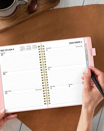 SUNEE 2026 Weekly & Monthly Planner 6.4"x8.5"- 12 Month (January 2026 - December 2026), Vegan Leather Cover, Pocket, Bookmark, Notes, Monthly Tab, Peach Pink