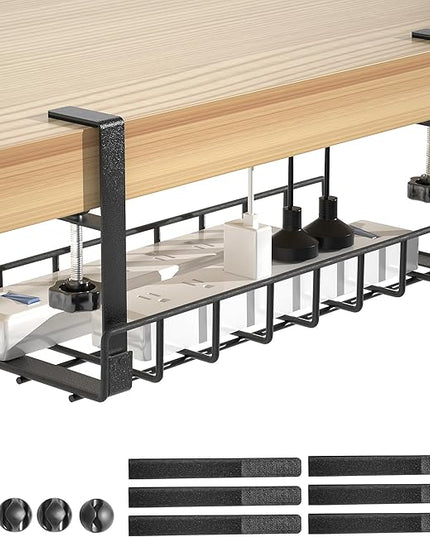 Under Desk Cable Management Tray, Xpatee Upgraded Wire Management No Drill No Screws, Cable Tray with Clamp for Wire Organizers, Computer Cord Rack for Office, Home - No Damage to Desk Black