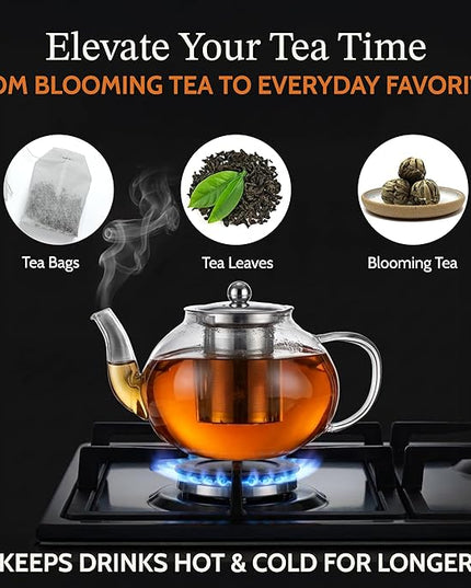 James Bentley Glass Coffee and Tea Set – Borosilicate Glass Teapot Set for Adults with 40oz Teapot & 4 Insulated Glasses, Stainless Steel Strainer for Bags and Loose Tea– Microwave, Dishwasher Safe