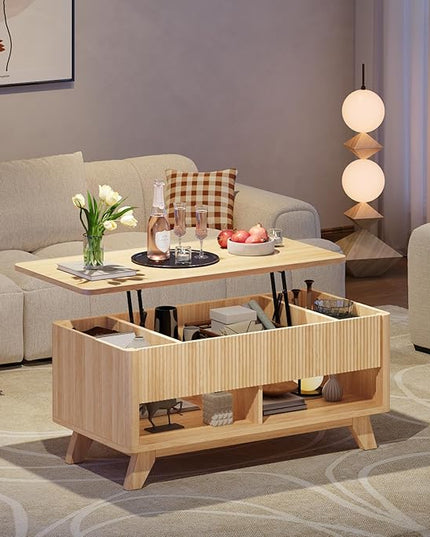 ONBRILL Farmhouse Lift Top Coffee Table, Mid Century Modern Coffee Table with Hidden Storage Compartment, Fluted Rising Pull up Wood Modern Center for Living Room, Office, Natural