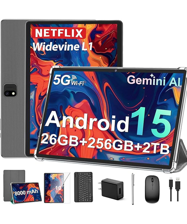 JJGJ 2026 Android 15 Tablet with Keyboard, 26GB+256GB, 2TB Expand, 10 Inch Tablet with Octa-Core, 8000mAh, 5G WiFi, BT5.0, Widevine L1, Gemini AI, 2-in-1 Tablets with Case, Mouse, Stylus(Silver Case)