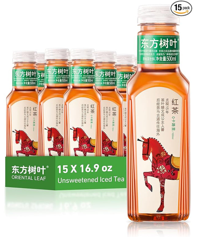 ORIENTAL LEAF Unsweetened Iced Tea – Bottled Black Tea, 16.9 FL oz bottles (Pack of 15), Brewed Tea Drinks, Sugar Free, 0 Calories