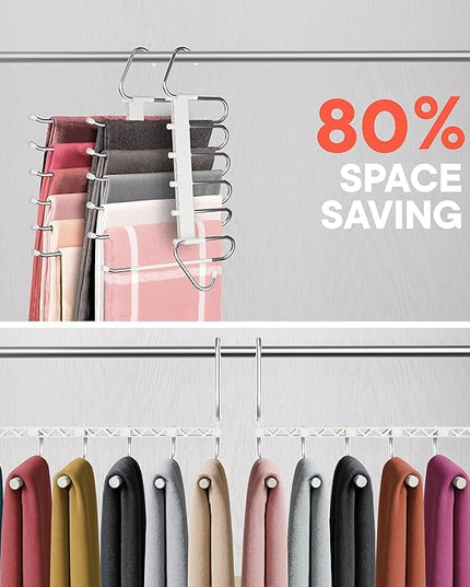 Space Saving Pants Hangers 1 Pack, 6 Layer Jeans Hangers and Closet Organizer for Jeans, Scarves, & Skirts, Multi-Layer Hanger with Anti-Slip Stopper, Heavy-Duty S-Type Stainless Steel, White