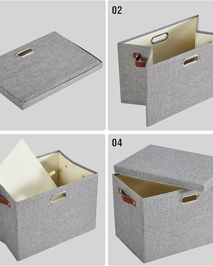 17" Large Collapsible Storage Bins with Lids, Stackable Closet Organizers with PU Handle and Labels, 3-Pack Decorative Fabric Storage Boxes for Home, Bedroom, Closet, Office, Nursery(Gray)