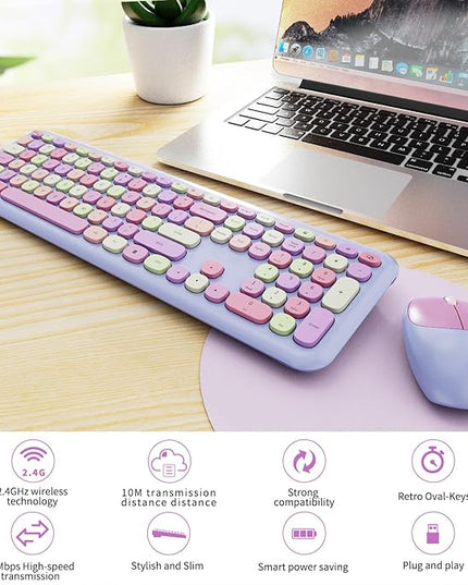 Wireless Keyboard and Mouse Combo, Colorful Ergonomic Full Size Retro Low-Noise Keyboard with Cute keycaps, Compatible with Windows, PC, Perfer for Home and Office Keyboards (Purple)