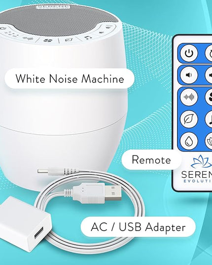 Serene Evolution White Noise Machine with 60 Soothing Sounds - Sound Machine for Adults and Baby - Noise Cancelling Sleep Music Machine with Remote Control - Ideal for Office Privacy - Black