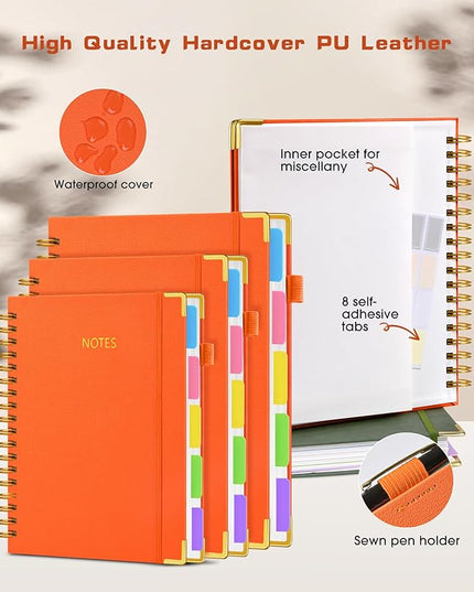 Hardcover Spiral Notebook Journal with Removable Dividers Tabs, 300 Pages Leather 5 Subject Notebook College Ruled, 8"x10" Large Notebooks for Work School Note taking, Lined Journal for Women, Orange