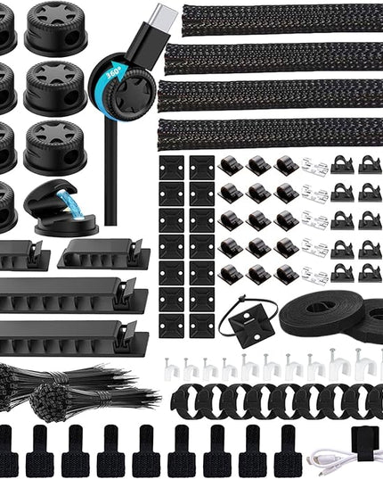 ELII 328Pcs Cable Management Kit, 8 Magnetic Cable Holder,69Adhesive Cable Clips,4 Cable Sleeve Split,22Reusable Cable Strap,200 Nylon Cable Zip Ties with 25 Mounts TV Office (Black)