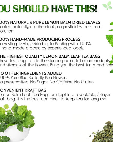 FreshDrinkUS, Premium 120 Lemon Balm Leaf Tea Bags, 100% Natural & Pure from Lemon Balm Leaves. Loose Leaf Herbal Te. No Sugar, No Caffeine, No Gluten, Vegan.