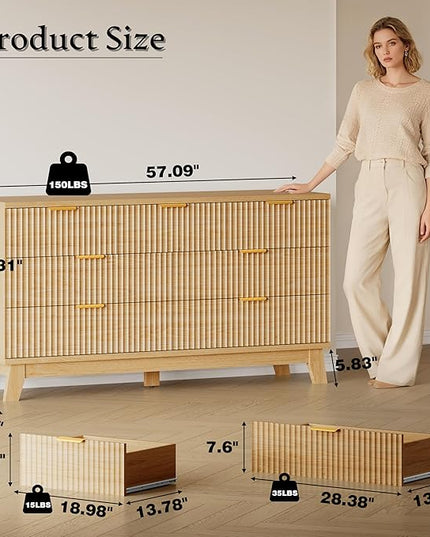 BORNOON 57" Long Dresser for Bedroom, 7-Drawer Fluted Chest, Wide Wood Storage Dresser with Metal Slides and Handles, Stable Base, Modern Clothes Organizer for Primary Suite, Guest Room, Nursery