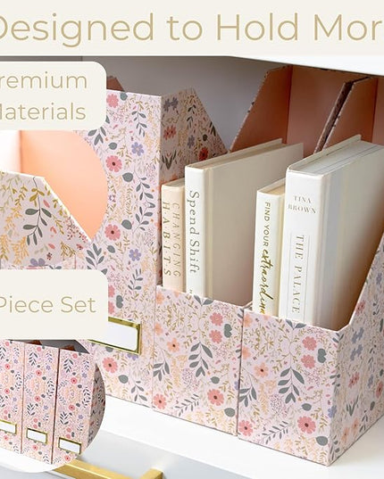 BLU MONACO Foldable Magazine File Set of 4 with Floral Boho Design – Decorative Cardboard Magazine Organizer for Home, Office & Dorm Room – Artistic Magazine Storage Solution