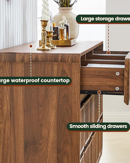 Fluted 9 Drawer Dresser for Bedroom, 60" Wide Modern Chest of Storage Drawers, Wood Dresser & Chest of Drawers with Curved Corners, Dressers TV Stand for Living Room (60" Walnut 9 Drawer)