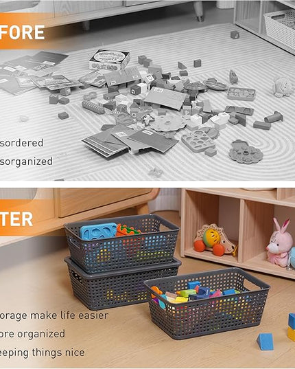 Plastic Storage Baskets With Lid, Storage Bins for Organizing, Stackable Decorative Containers for Shelves Drawers Desktop Closet Playroom Classroom Office, 6 Pack-Grey
