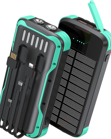 Solar Charger Power Bank, PD 20W Fast Charging External Batter, 40000mAh Portable Phone Charger Built in 4 Cables with Dual Bright Flashlights for Camping, Hiking, and Outdoor Use（Green）
