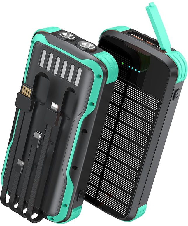 Solar Charger Power Bank, PD 20W Fast Charging External Batter, 40000mAh Portable Phone Charger Built in 4 Cables with Dual Bright Flashlights for Camping, Hiking, and Outdoor Use（Green）