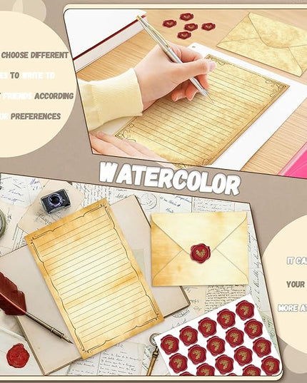 TaoBary 160 Pcs Stationery Paper Set 50 Double Sided Stationery Papers with 50 Matching Envelopes and 60 Round Dot Sticker, 10 Design(Light Vintage,8.5 x 11 Inch)