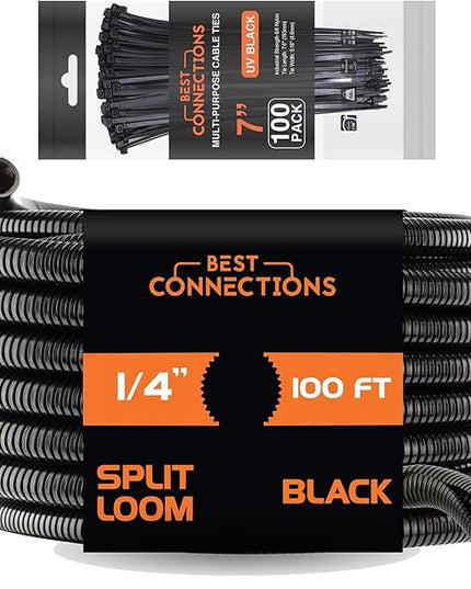 BEST CONNECTIONS 100 Ft – 1/4" Diameter Split Wire Loom Flex-Guard Convoluted Tubing with 100 Pcs x 7" Nylon Cable Zip Ties – Protective Split Cable Sleeves/Conduit – Black
