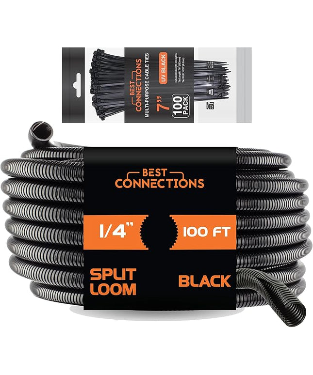 BEST CONNECTIONS 100 Ft – 1/4" Diameter Split Wire Loom Flex-Guard Convoluted Tubing with 100 Pcs x 7" Nylon Cable Zip Ties – Protective Split Cable Sleeves/Conduit – Black