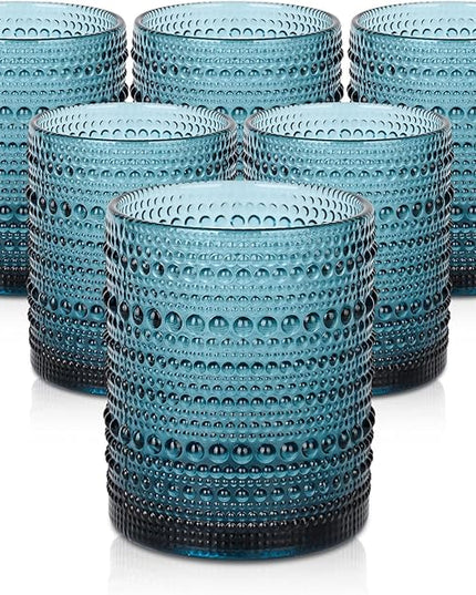 Vintage Glassware Drinking Glasses Set of 6,12 oz Hobnail Glass Cups,Embossed Blue Water Tumbler,for Beer,Cocktail,Whiskey,Juice and Various Mixed Drinks- 1 Cleaning Brush