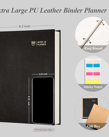 EMSHOI Undated Daily Planner 9.2" X 12", Large To Do List Notepad, 240 Refill Pages Ring Binder Planner, Hardcover Leather Appointment Book for Work, with Yearly Schedule, Habit Tracker, Black