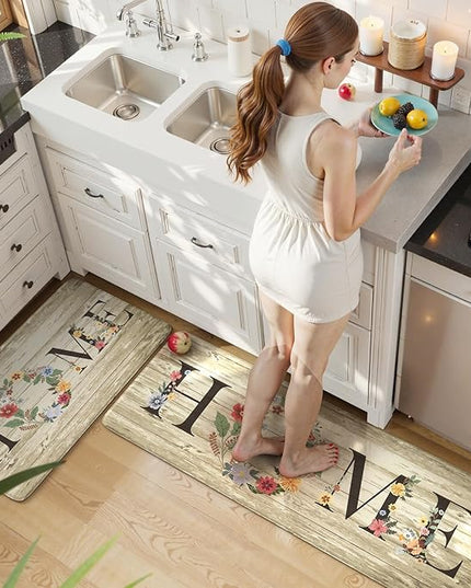 KIMODE Anti Fatigue Kitchen Mats for Floor 2 Piece,Farmhouse Floral Rugs Cushioned,Comfort Memory Foam Carpet Non Slip for Sink Laundry Office Bathroom,Beige 17"x47"+17"x29"