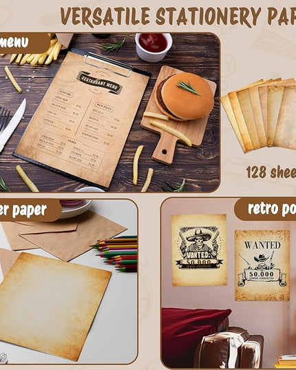 Tlenpo 128PCS Vintage Paper 8.5 x 11 in Double-sided Aged Paper for Writing Letter writing Paper, Decorative Printer Paper for Invitation, Resume, Diploma, Art, Certificate Antique, 8 Designs
