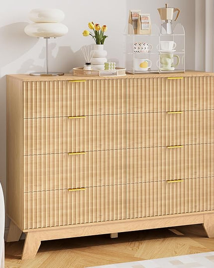 HUANLEGO Fluted Dresser for Bedroom, 8 Drawer Dressers & Chest of Drawers, Mid Century Modern Dresser for Closet Boho Bedroom Furniture, Nature Wood Chest of Drawers Storage Organizer for Living Room